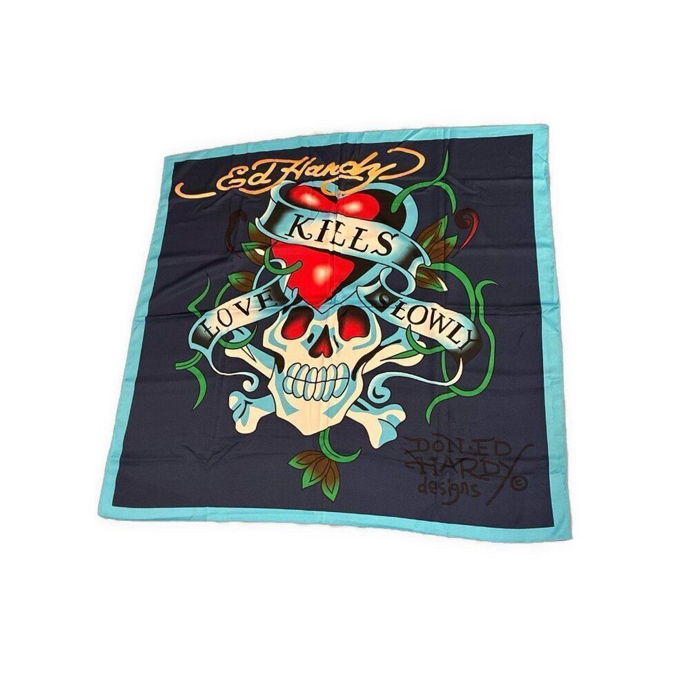 ed hardy silk scarf Square Skull Heart Print Love Kills Slowly Blue White Red